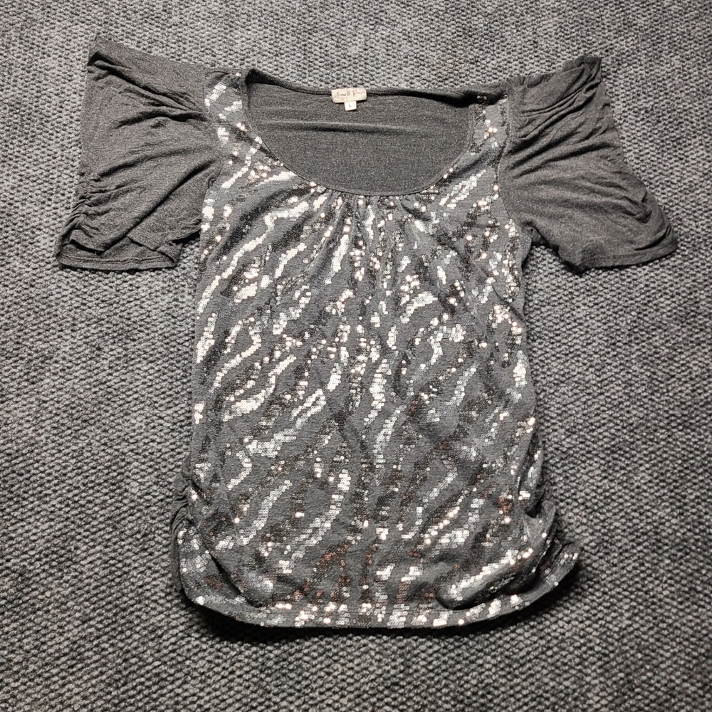 Y2K Fiona & Purple Gray Sequin Zebra Flutter Sleeve Scoop Neck Top Large